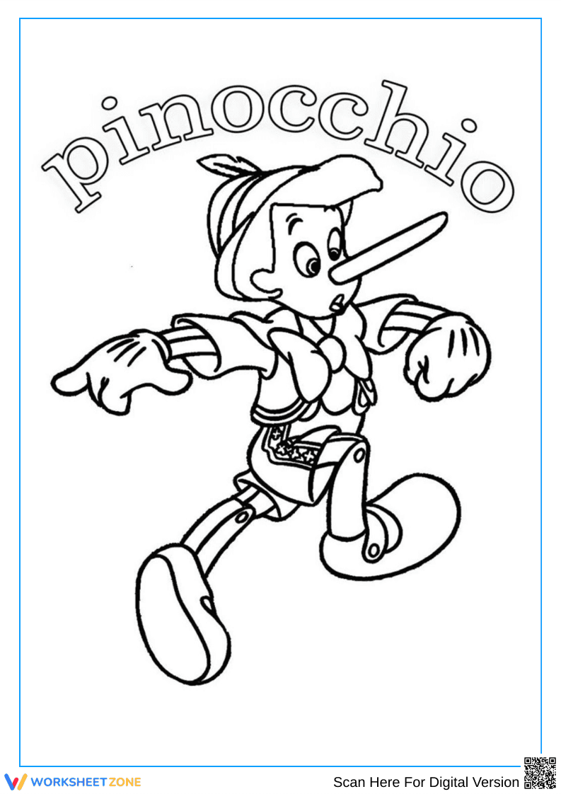 Running Pinocchio Coloring Page with Name Header - Page 1