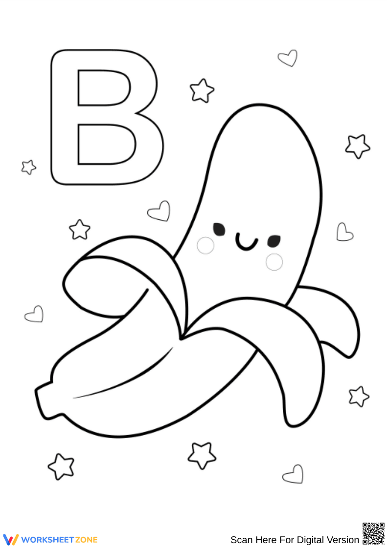 Happy Banana Coloring Page with Letter B for Kids - Page 1
