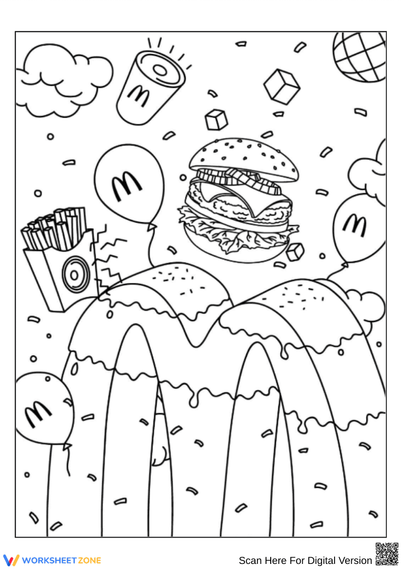 McDonald’s Coloring Page with Burger, Fries & Balloons - Page 1