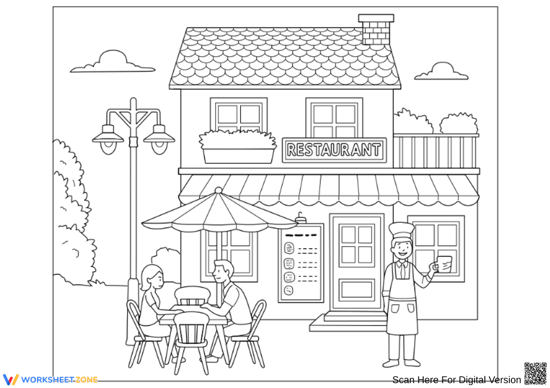 Restaurant Coloring Page with Outdoor Dining and Chef - Page 1