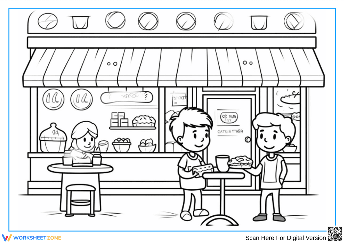 Restaurant Coloring Page with Kids Eating Outdoors - Page 1