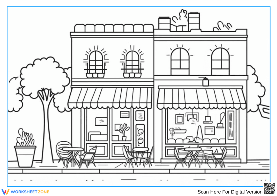 Restaurant Coloring Page with Sidewalk Café and City Street - Page 1