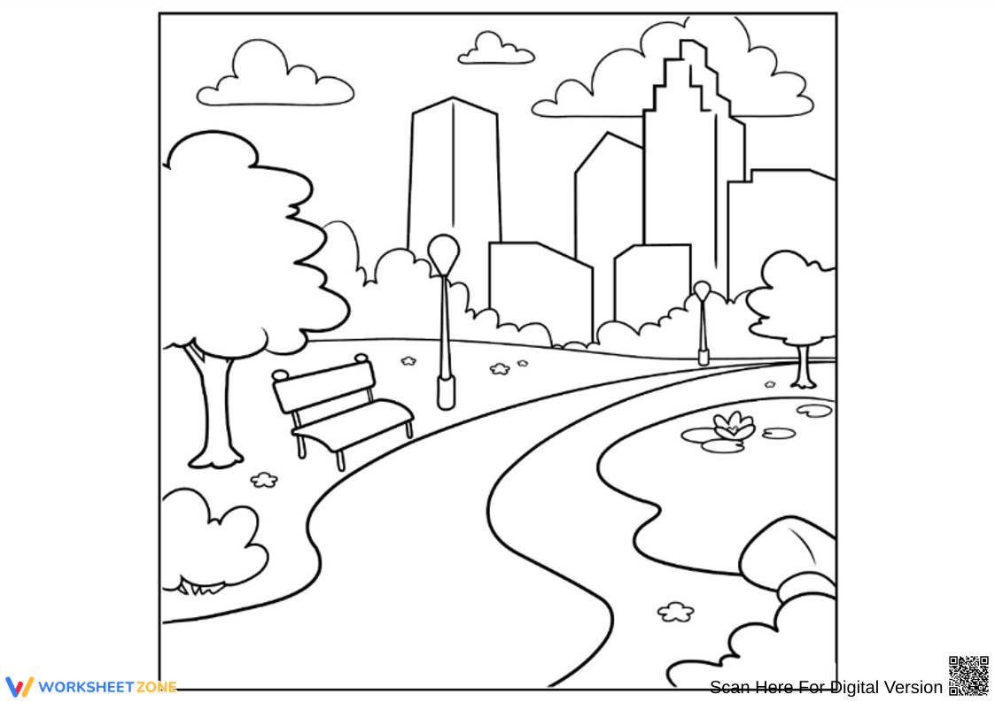 Park Coloring Page with Bench, Path, and City Skyline - Page 1