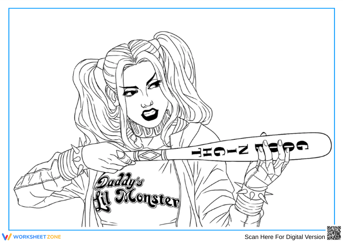 Harley Quinn Coloring Page with Baseball Bat Close-Up - Page 1