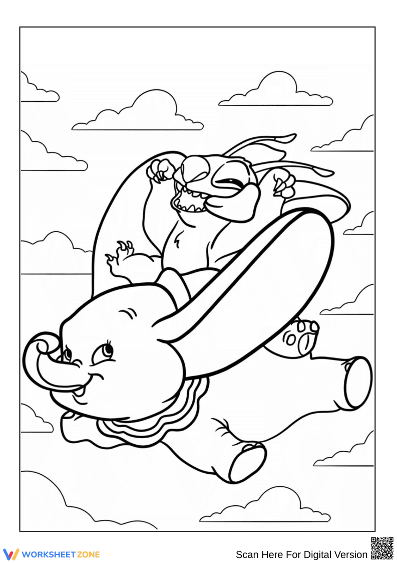 Dumbo Flying with Stitch Coloring Page - Page 1