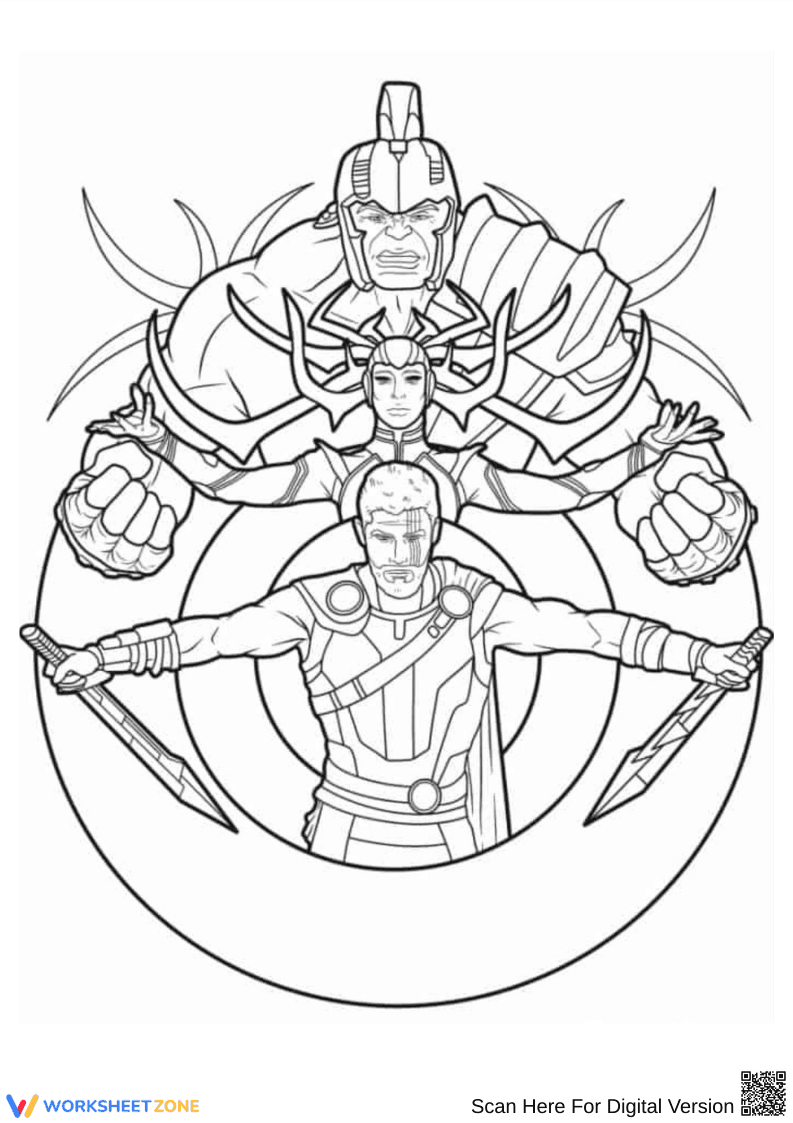 Thor Ragnarok Characters Coloring Page - Page 1