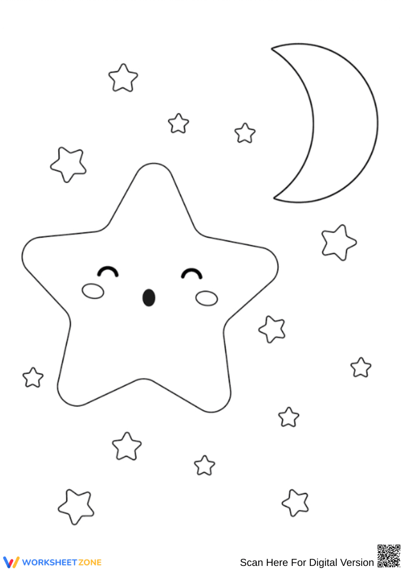 Cute Star and Moon Night Sky Coloring Page - Page 1