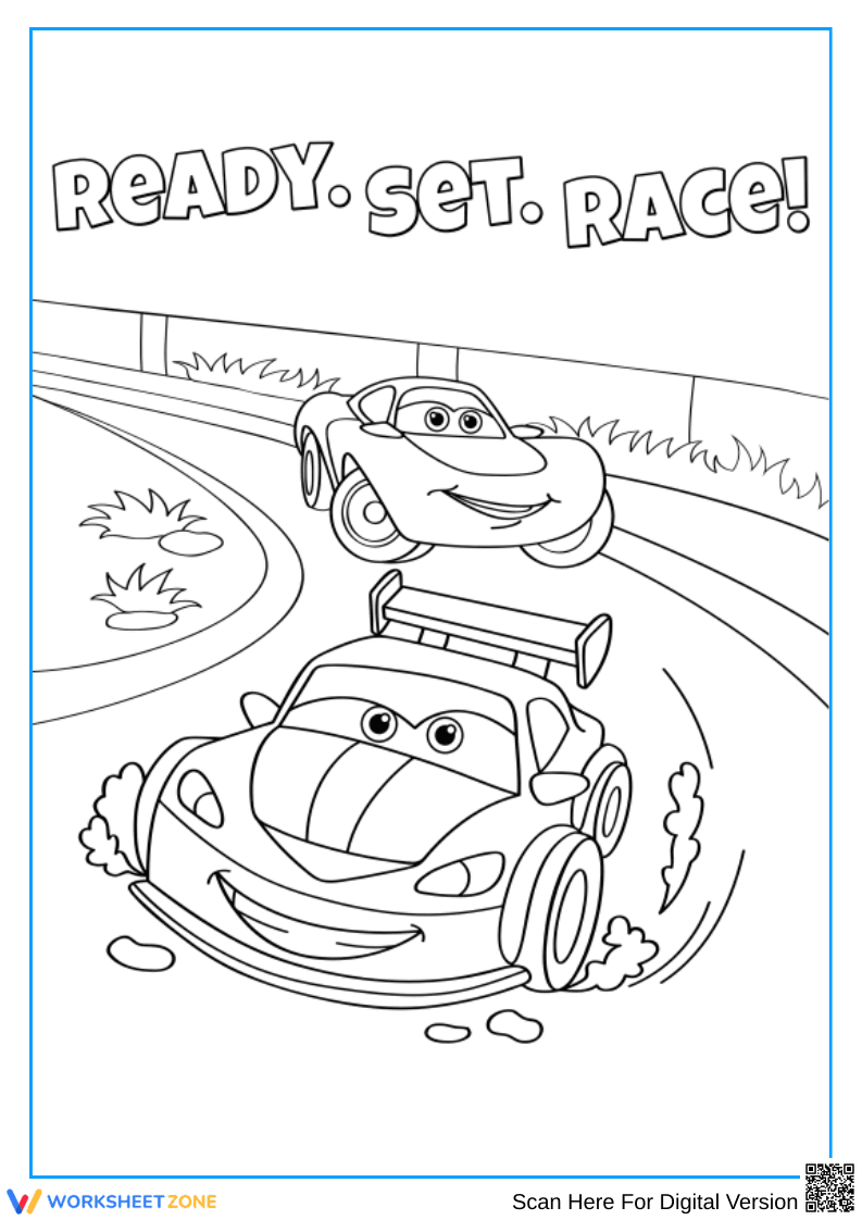 Ready Set Race! Cartoon Race Car Coloring Page - Page 1