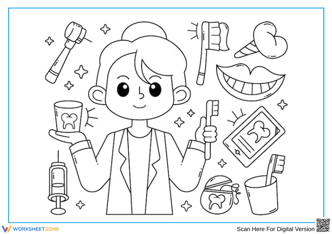 Cartoon Dentist Coloring Page with Dental Tools - Page 1