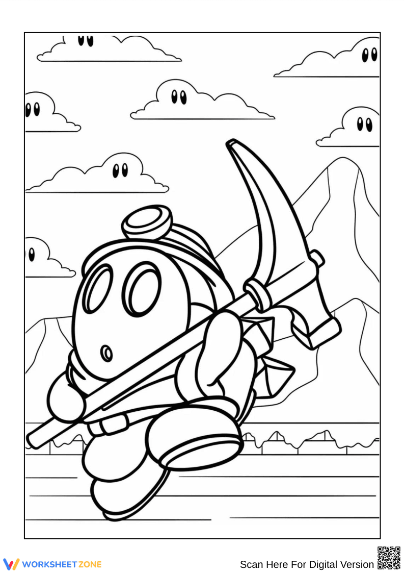Miner Shy Guy Coloring Page – Mountain Adventure Fun - Page 1