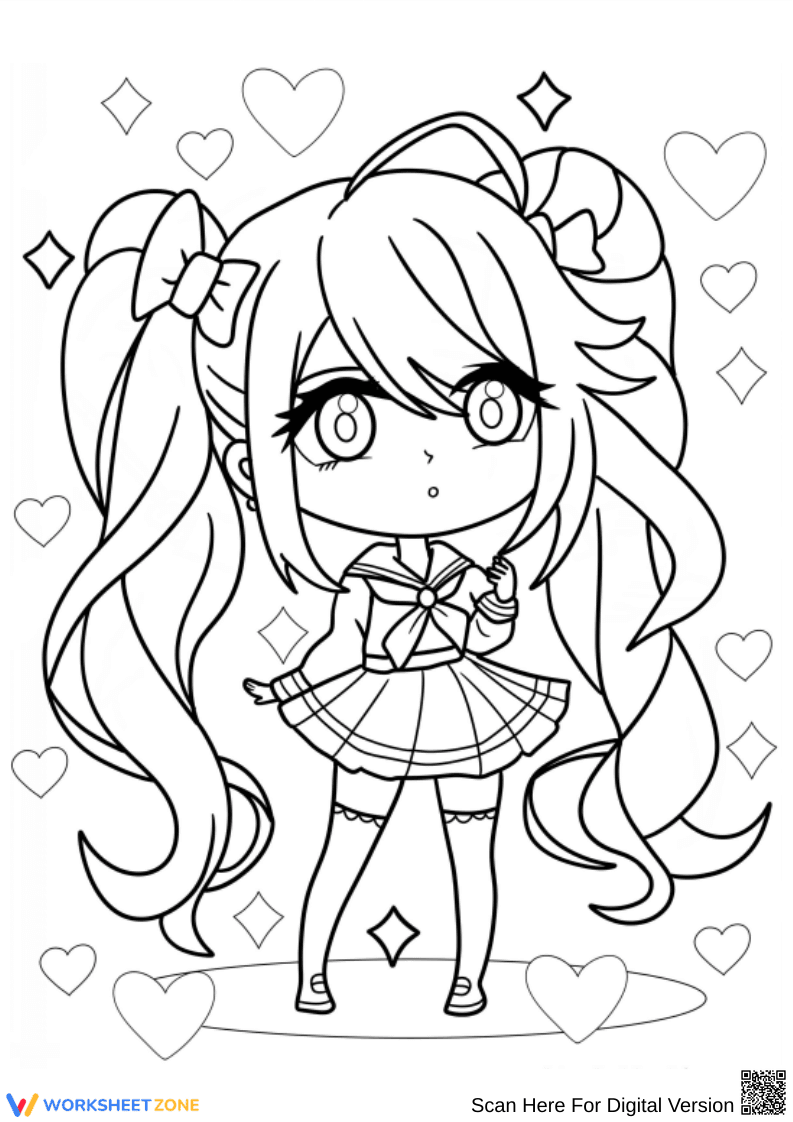 Chibi Girl with Pigtails Coloring Page - Page 1