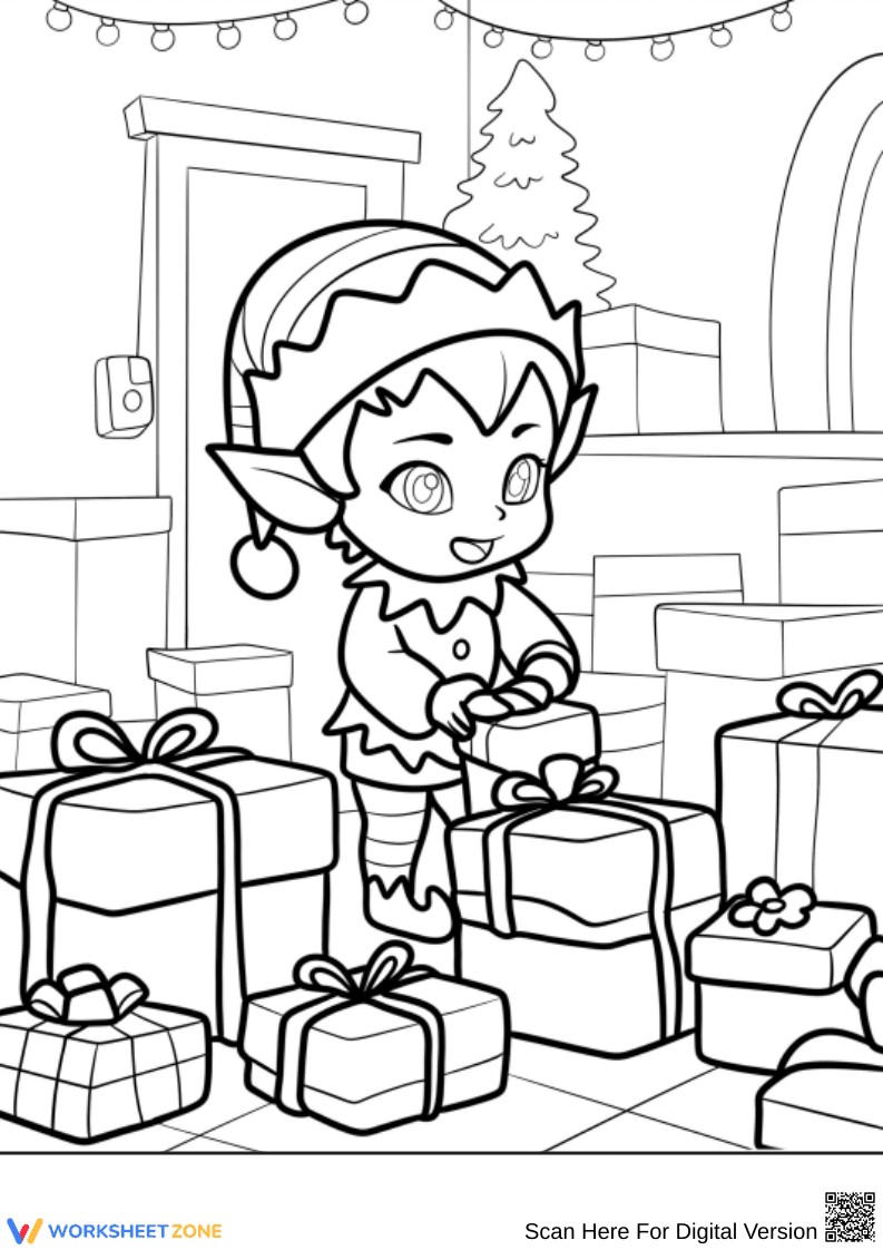 Christmas Chibi Elf with Gifts Coloring Page - Page 1