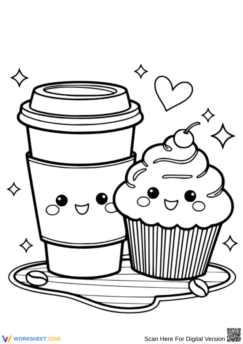 Smiling Coffee and Cupcake Coloring Page - Page 1