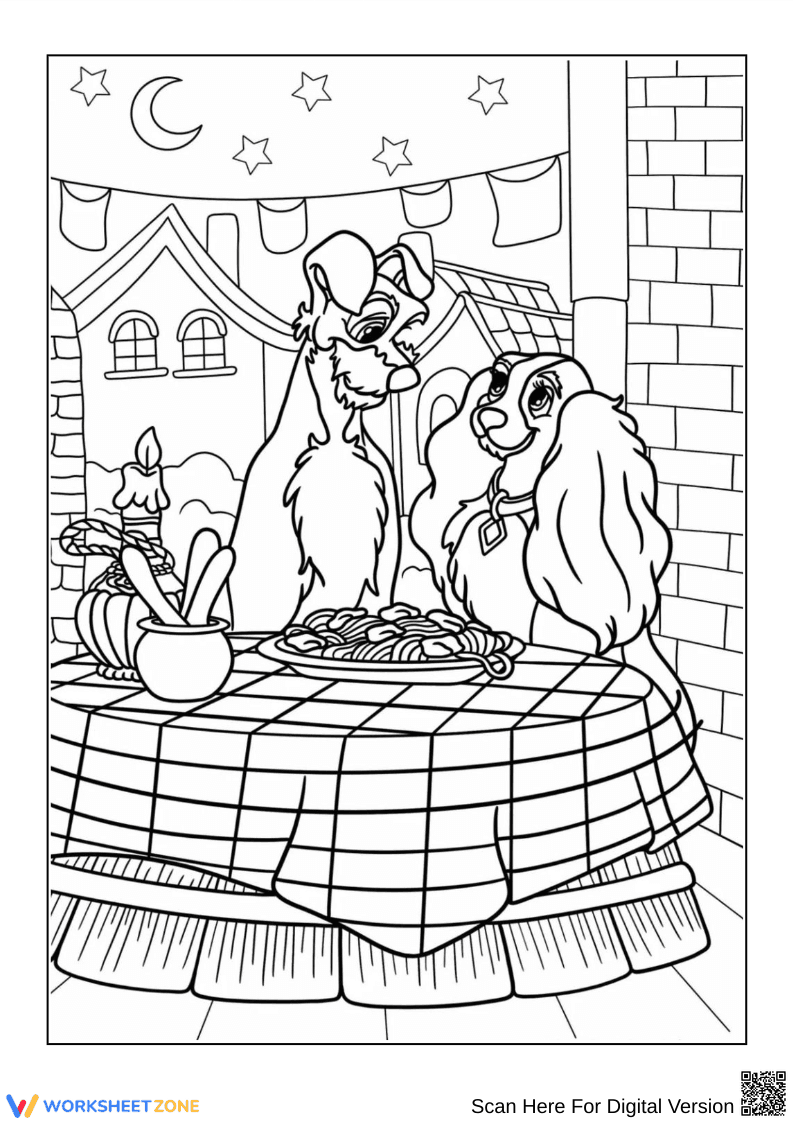Lady and the Tramp Spaghetti Dinner Coloring Page - Page 1