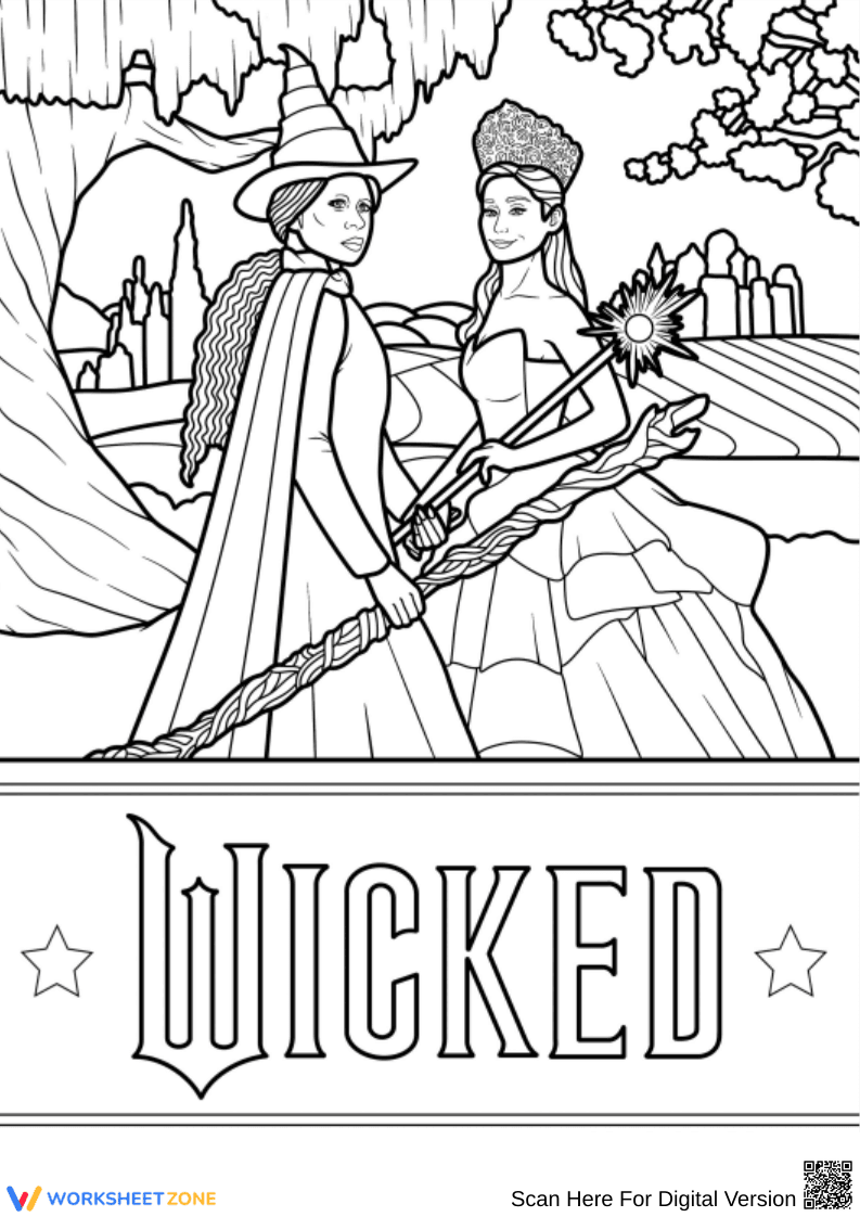 Wicked Coloring Page with Glinda and Elphaba - Page 1