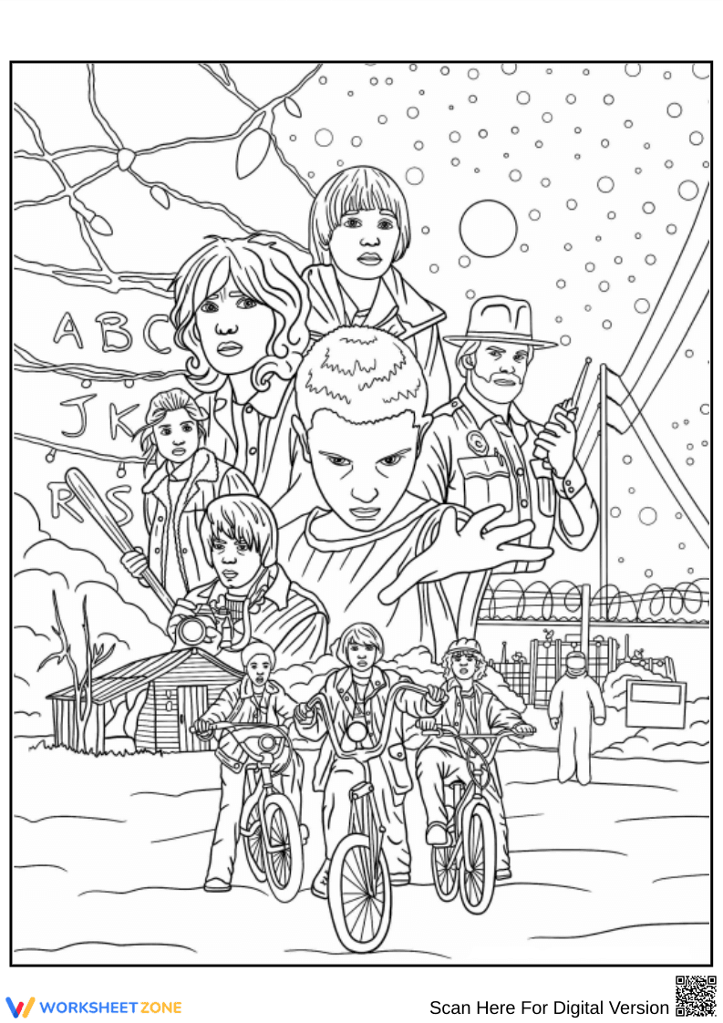 Stranger Things Coloring Page with Eleven and Full Cast - Page 1