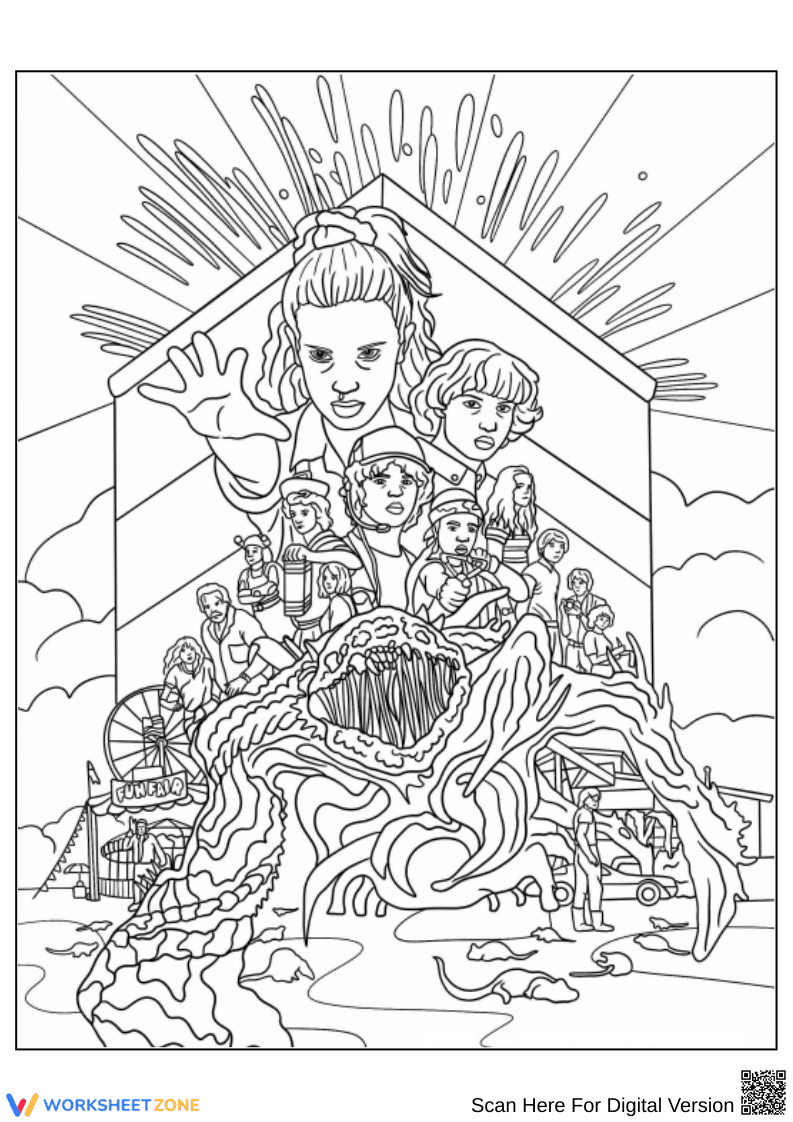 Stranger Things Coloring Page with Eleven and Demogorgon - Page 1
