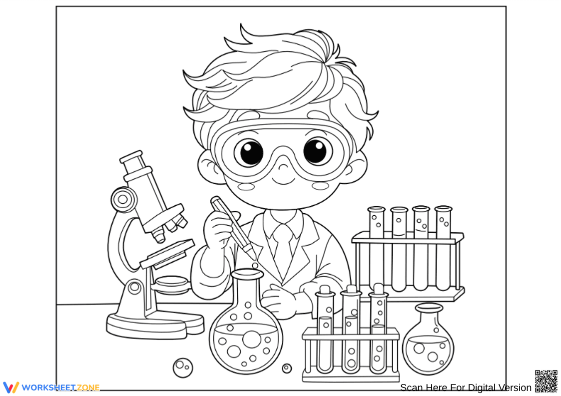 Young Scientist Coloring Page with Microscope and Lab Tools - Page 1