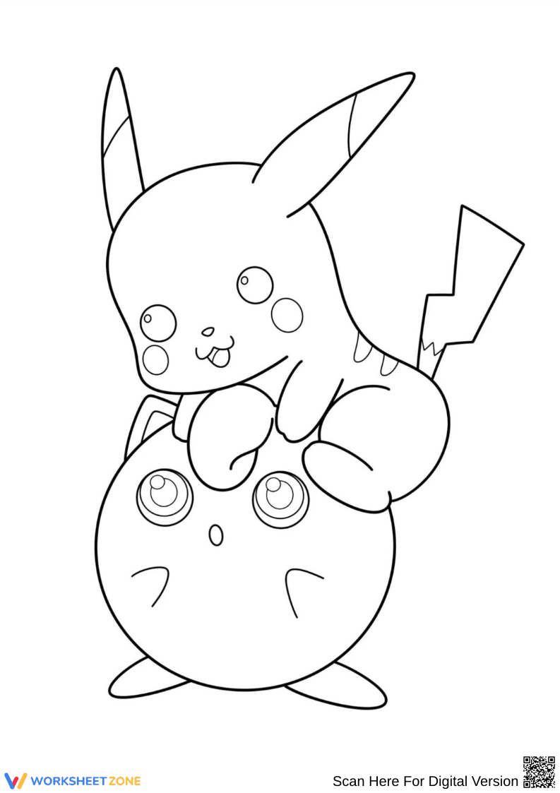 Pikachu Sitting on Jigglypuff Coloring Page - Page 1