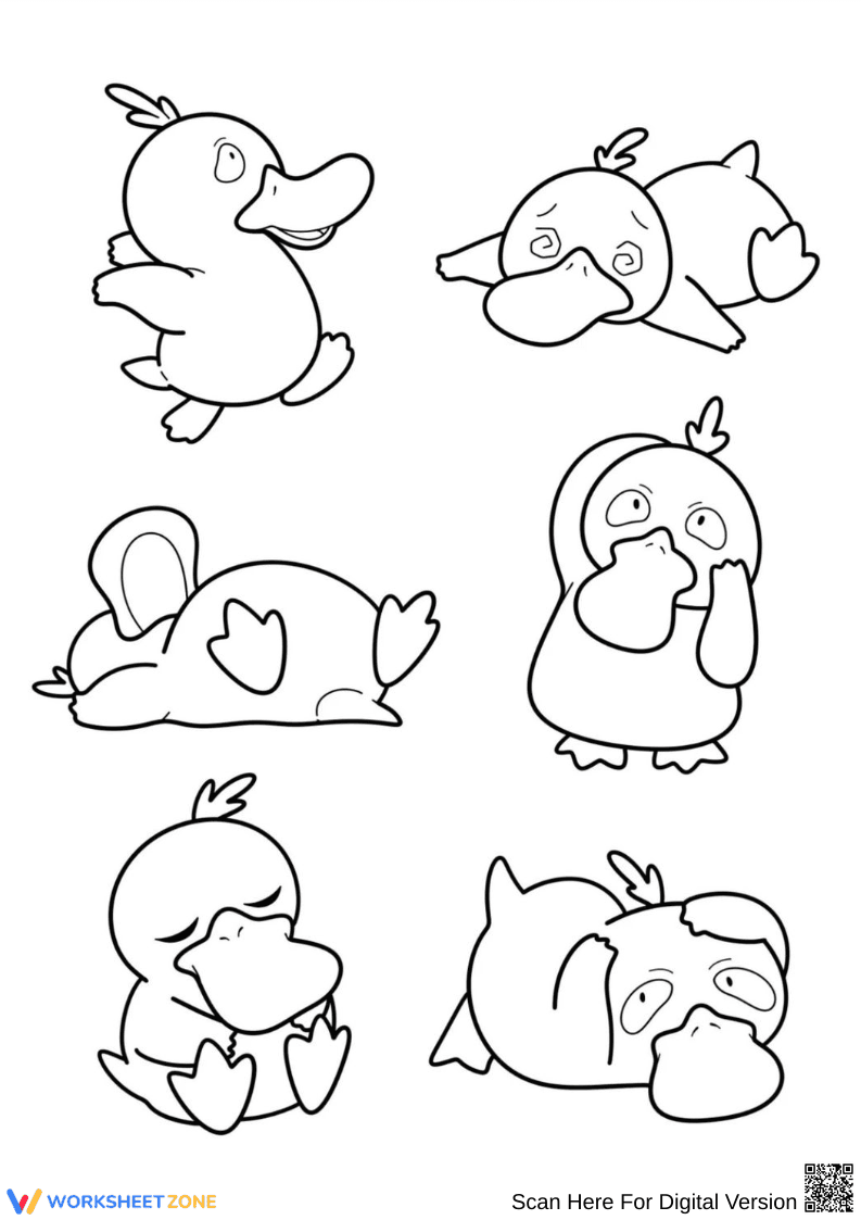 Psyduck Expressions Coloring Page – 6 Funny Pokémon Moods - Page 1