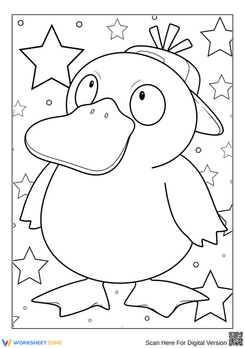 Psyduck with Cap and Stars Coloring Page - Page 1