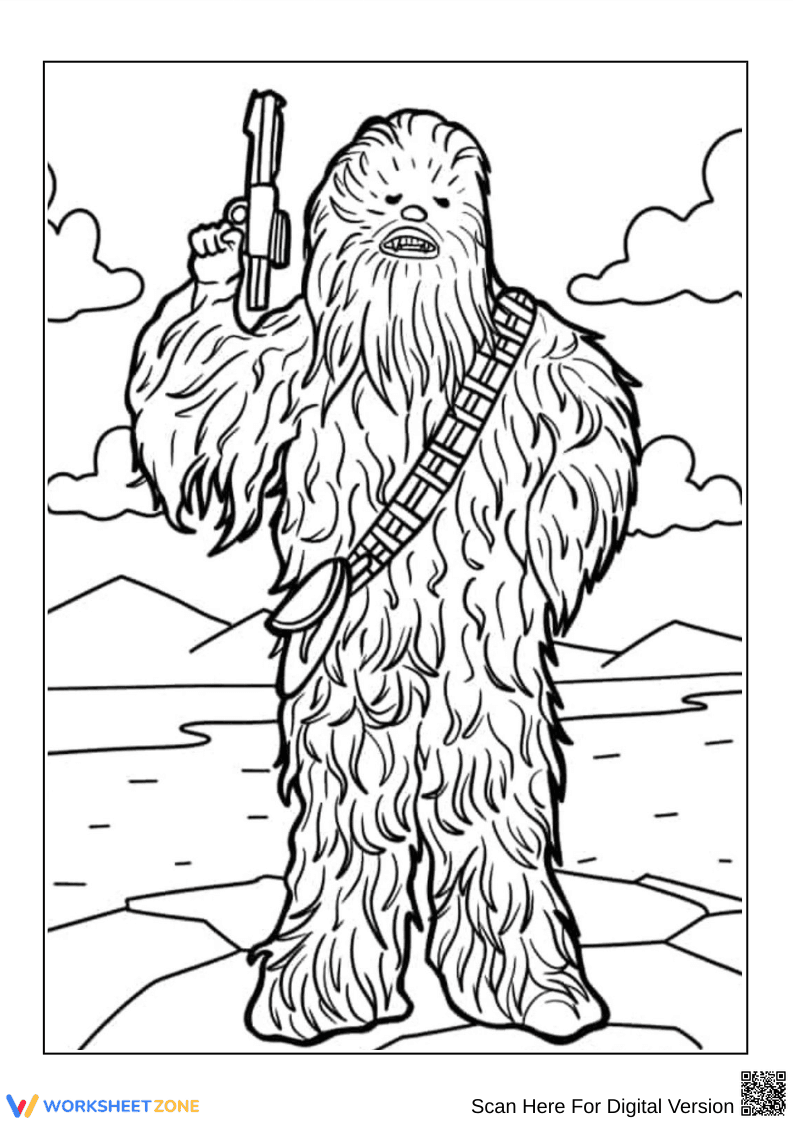 Standing Chewbacca on Planet Landscape Coloring Page - Page 1