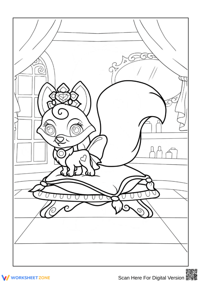 Palace Pets Fox on Royal Pillow Coloring Page - Page 1