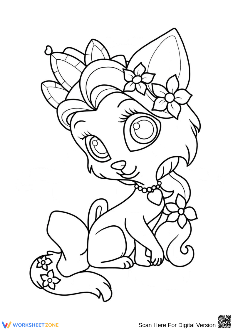 Floral Palace Pet Cat Coloring Page – Crowned Feline Friend - Page 1