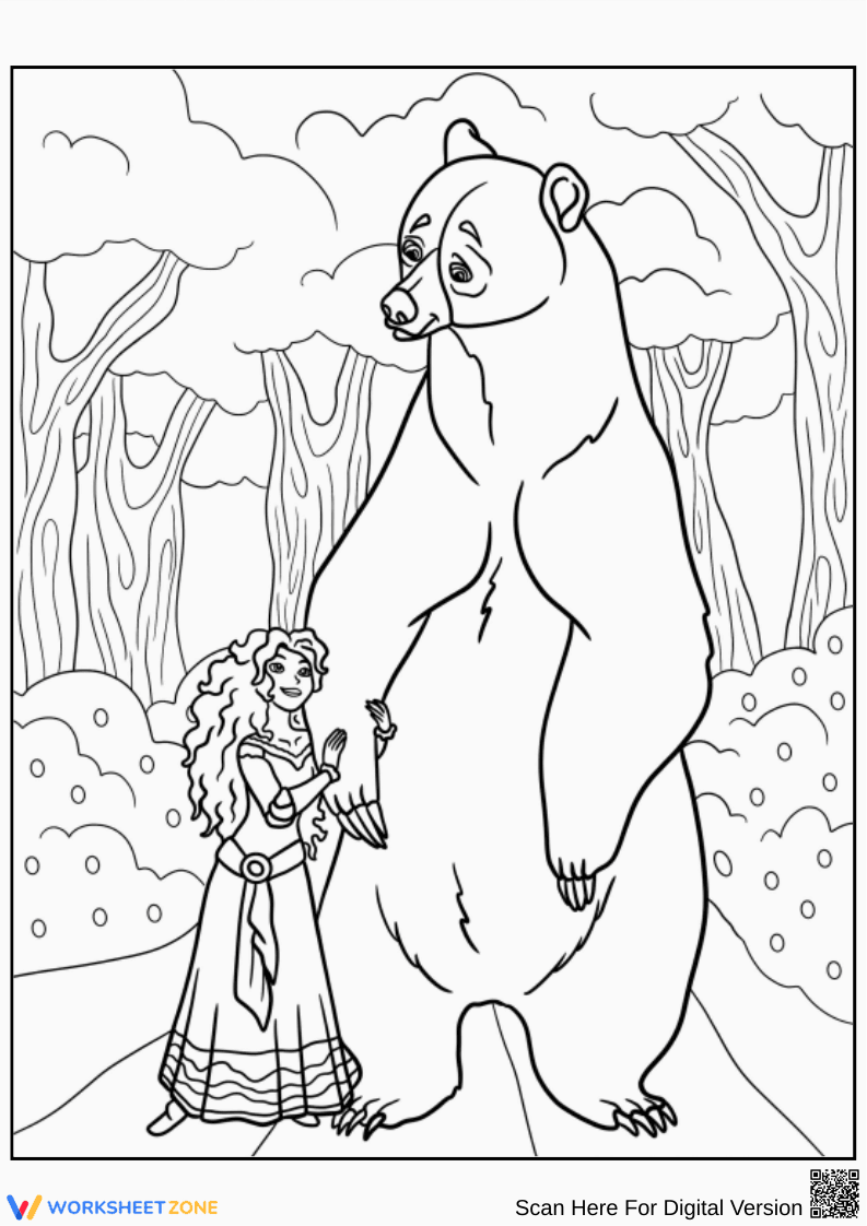 Merida and the Bear in the Enchanted Forest Coloring Page - Page 1