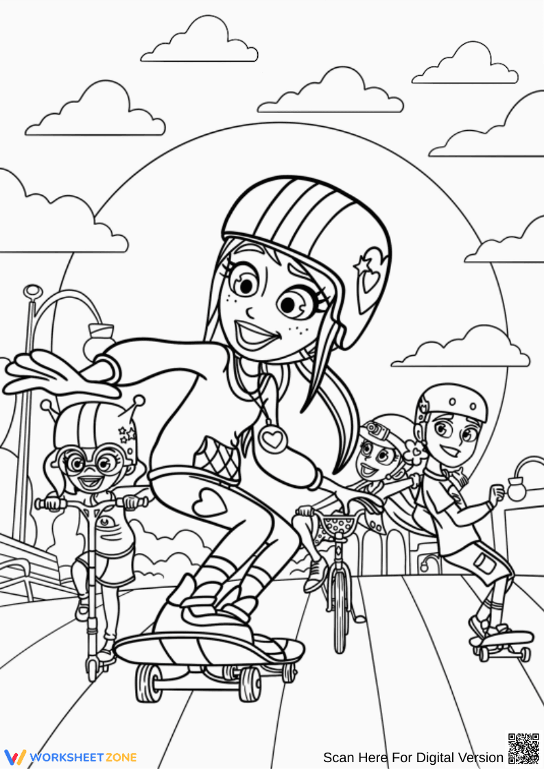 Polly Pocket Coloring Page with Friends on Wheels - Page 1