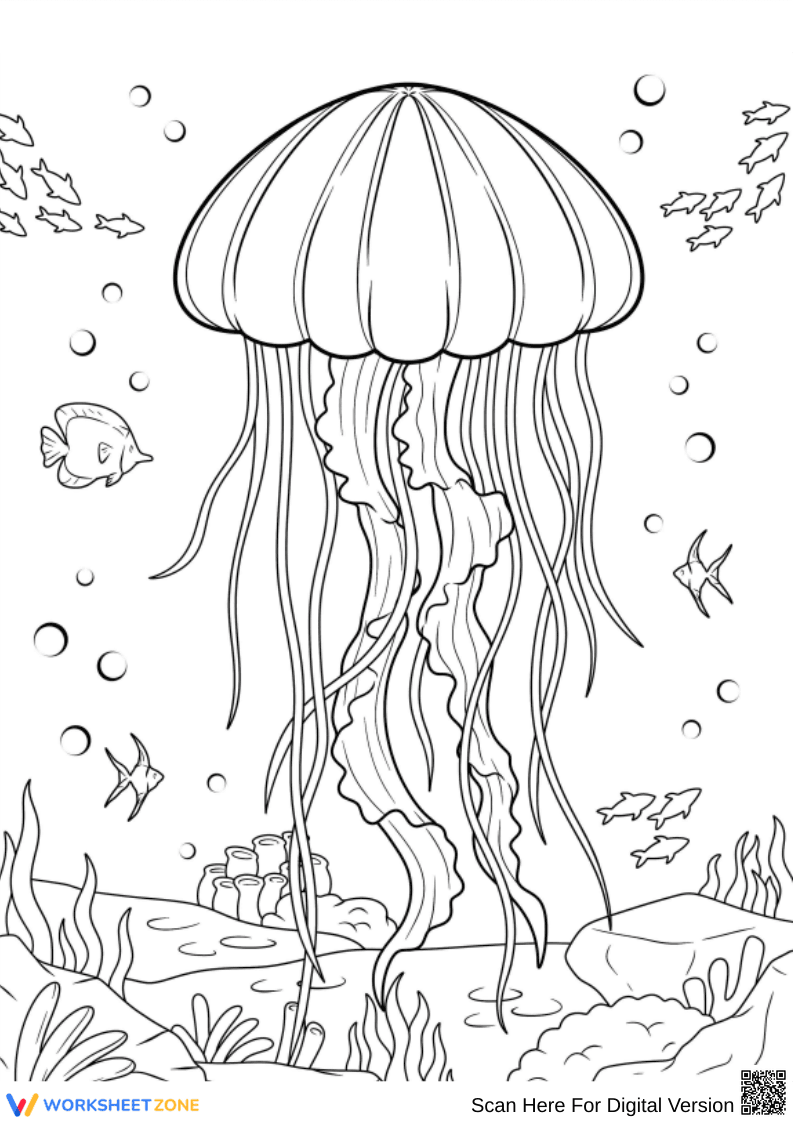 Realistic Jellyfish Coloring Page in Coral Reef Scene - Page 1