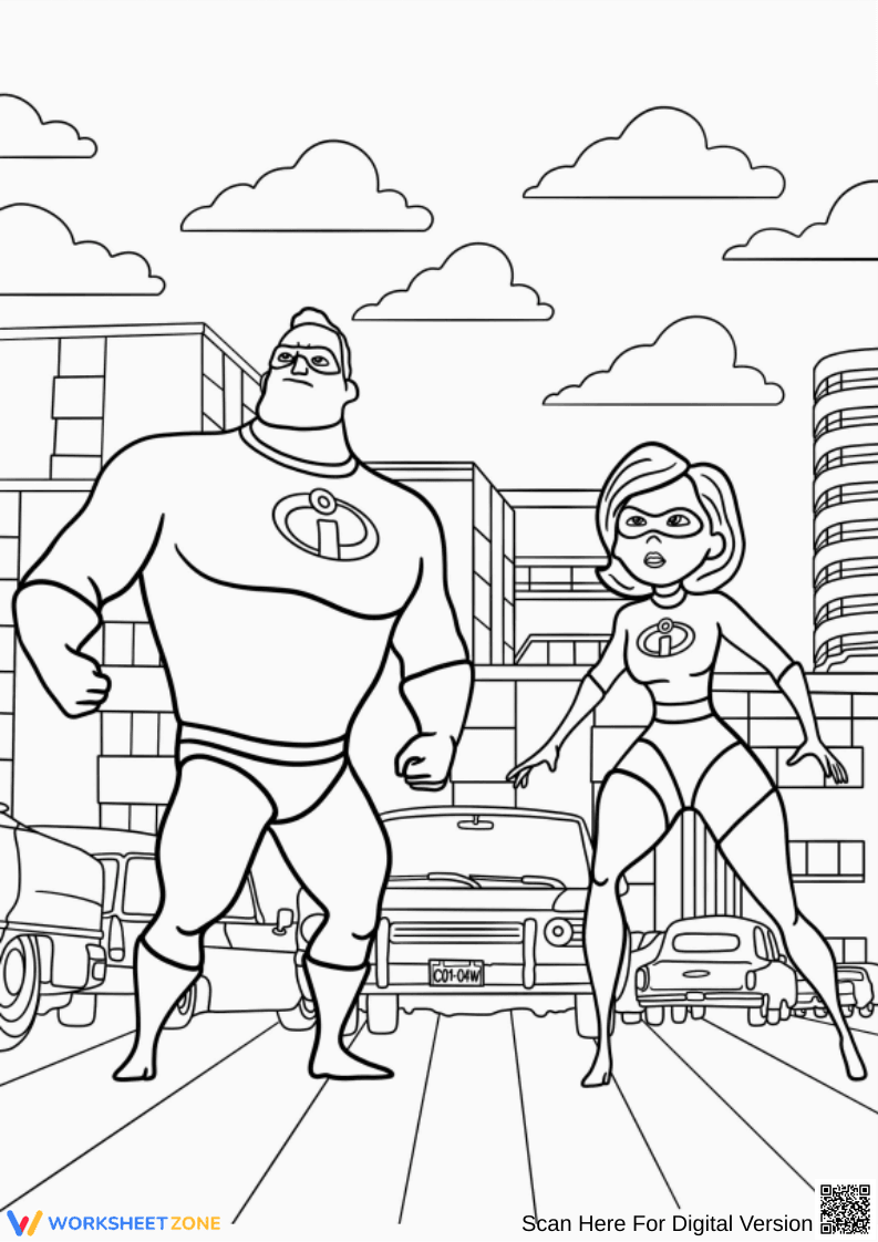 Incredibles Duo in Action Coloring Page for Kids - Page 1
