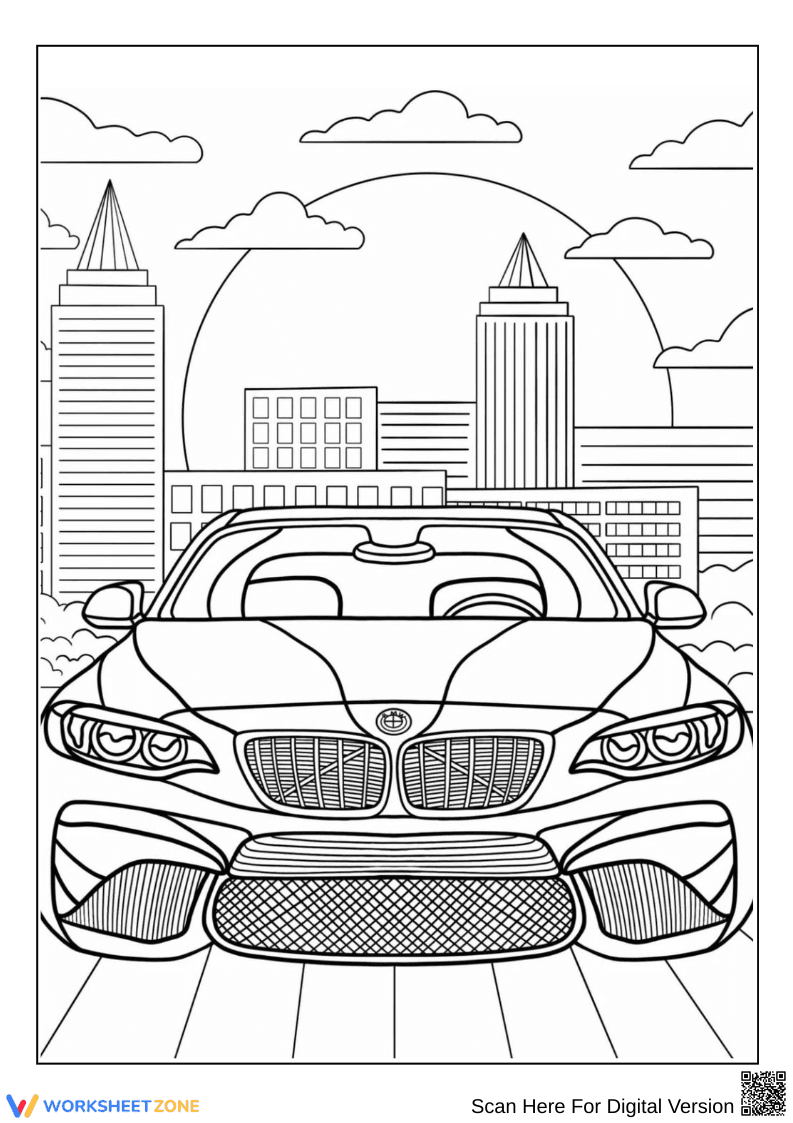 BMW Sports Car and Skyline Coloring Page - Page 1