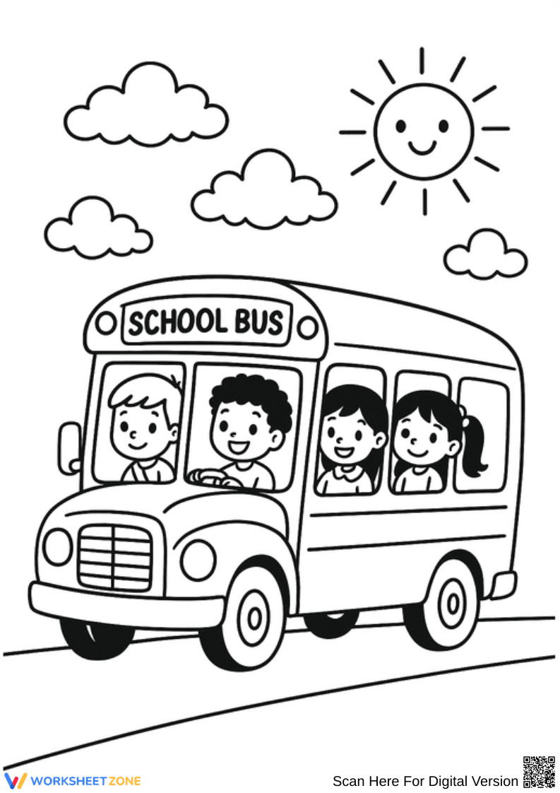 Happy Kids on a School Bus Coloring Page - Page 1