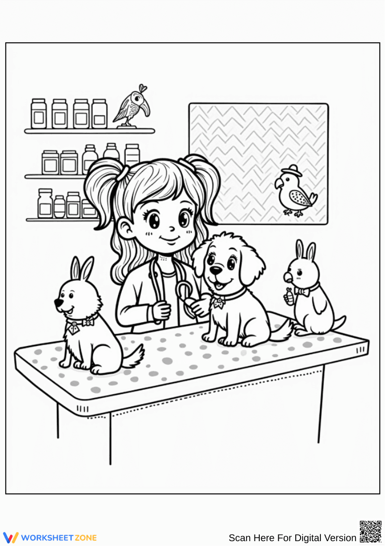 Animal Clinic Veterinarian Coloring Page for Kids - Page 1