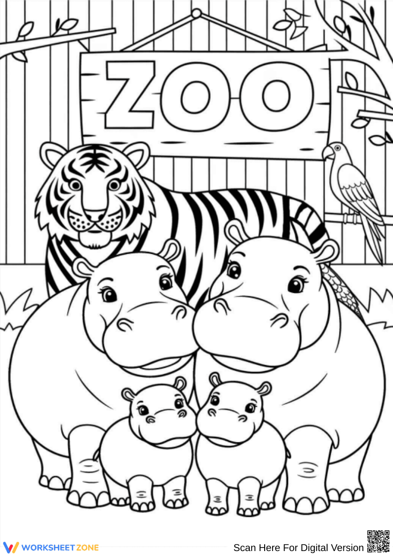 Hippo Family at the Zoo Coloring Page - Page 1