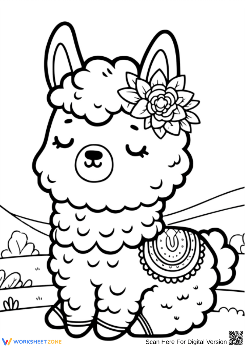 Peaceful Llama with Flower Crown – Llama Coloring Page for Kids - Page 1