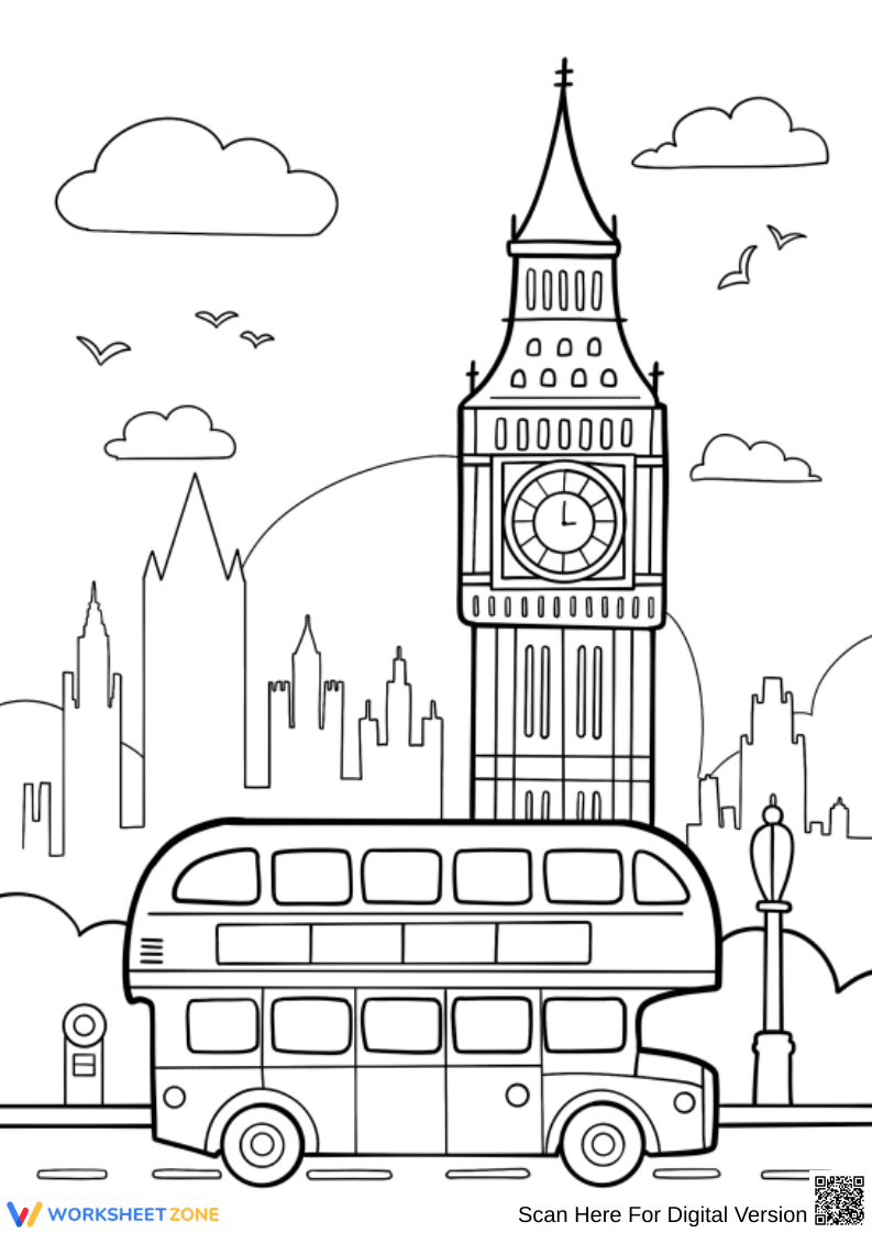 Big Ben and London Bus – City Coloring Page - Page 1