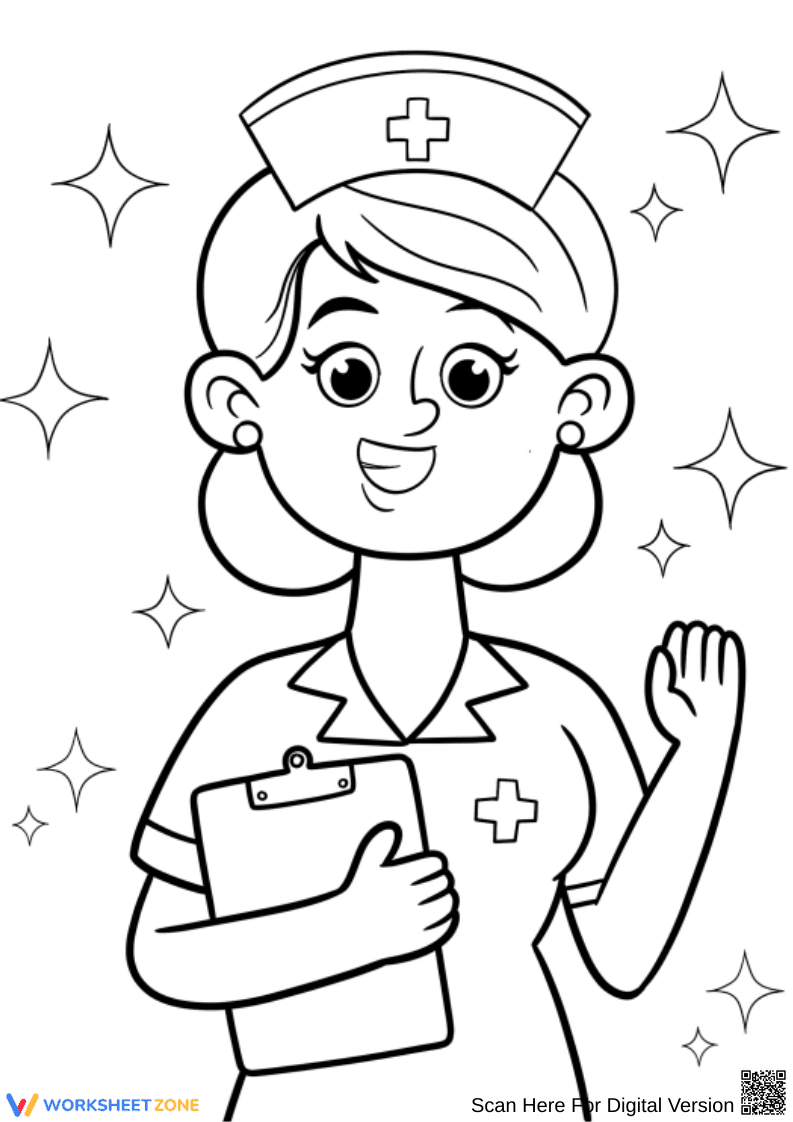 Smiling Female Nurse Waving – Nurse Coloring Page - Page 1