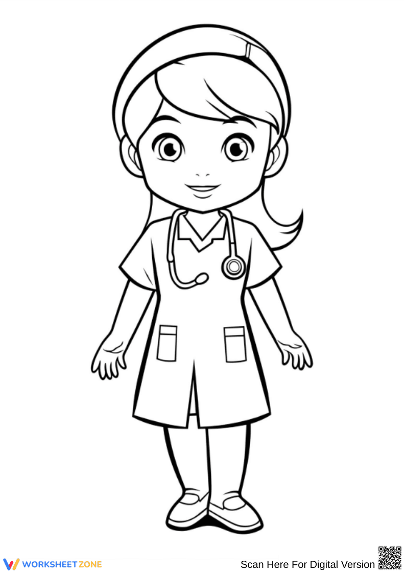 Cute Young Nurse with Stethoscope – Nurse Coloring Page - Page 1