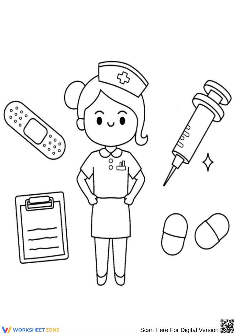 Cartoon Nurse with Medical Tools – Nurse Coloring Page - Page 1