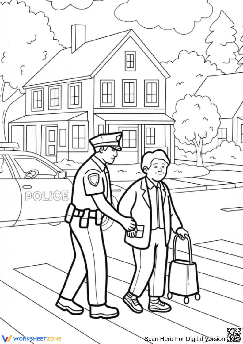 Police Officer Assisting Elderly Man – Police Coloring Page - Page 1