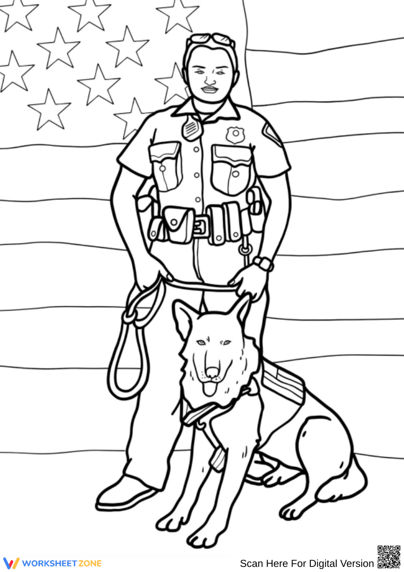K9 Police Officer with Service Dog and Flag – Police Coloring Page - Page 1