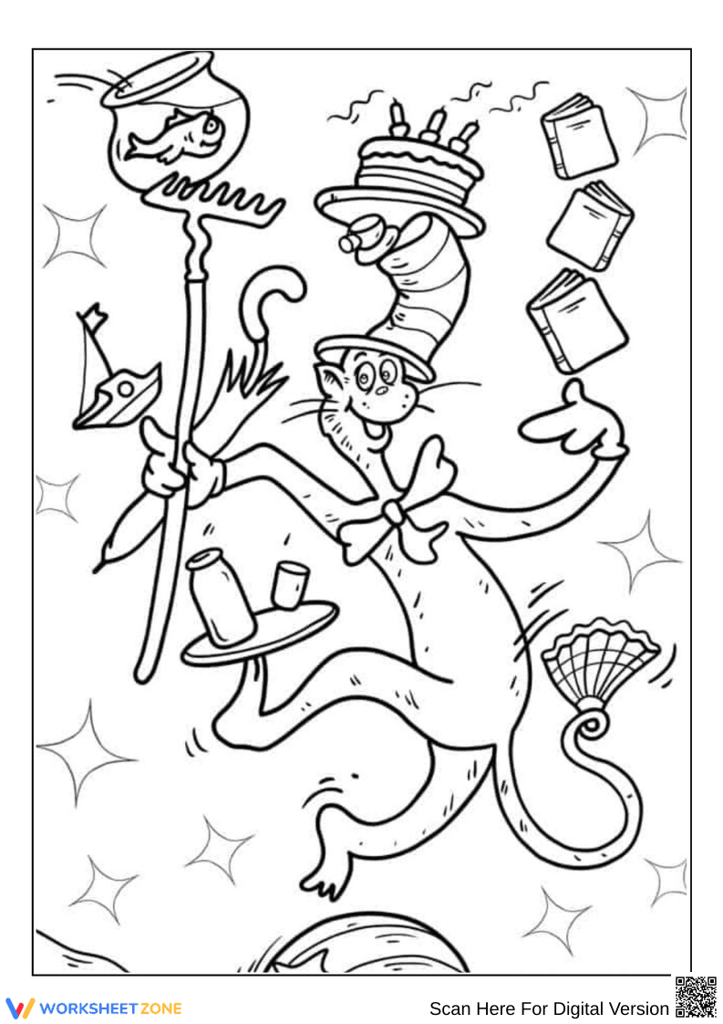 Cat in the Hat Balancing Trick Coloring Page - Page 1
