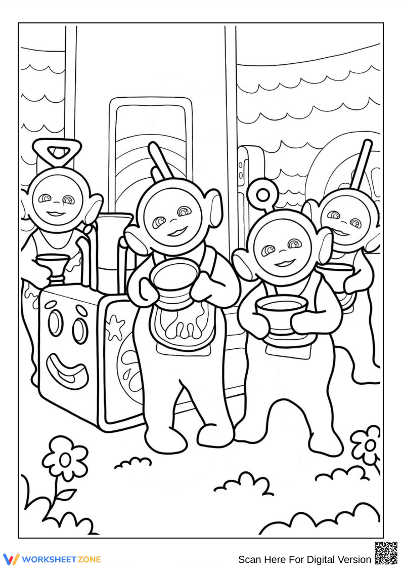 Teletubbies Enjoying Tubby Custard Coloring Page - Page 1