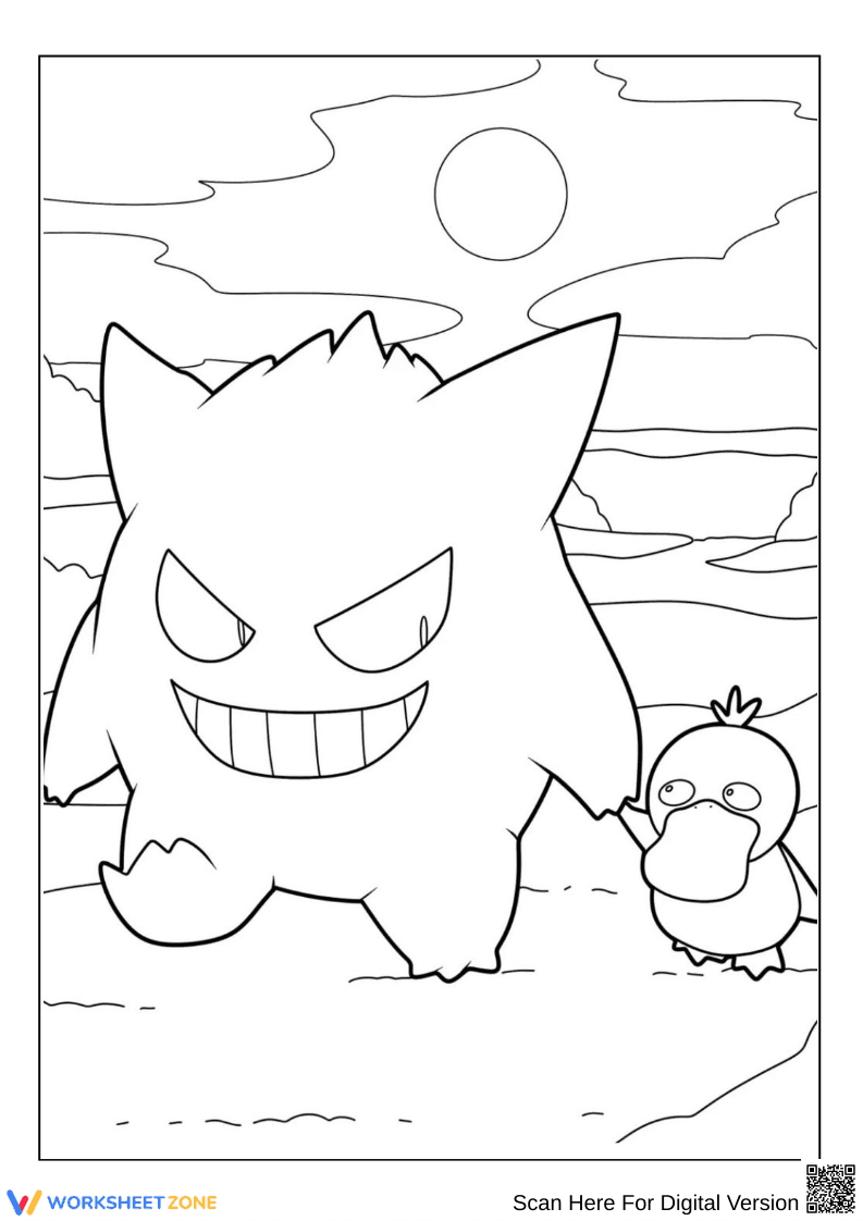 Gengar and Psyduck Holding Hands Pokémon Coloring Page - Page 1