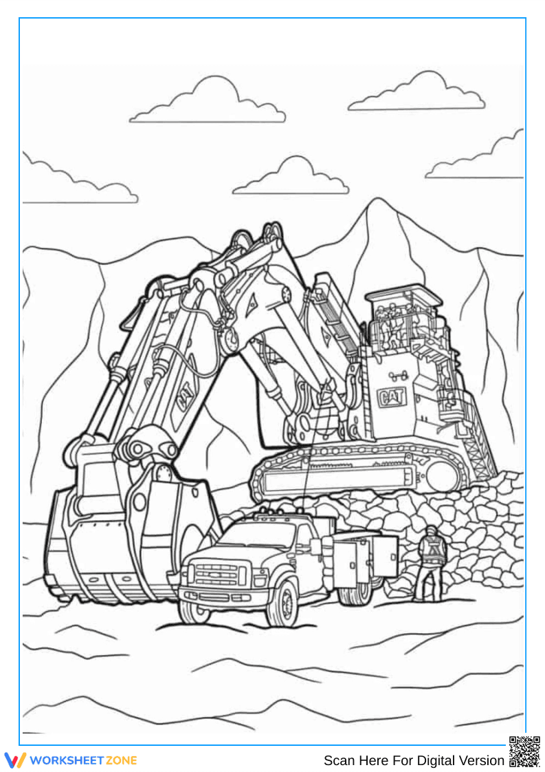 Construction Excavator and Truck Coloring Page - Page 1