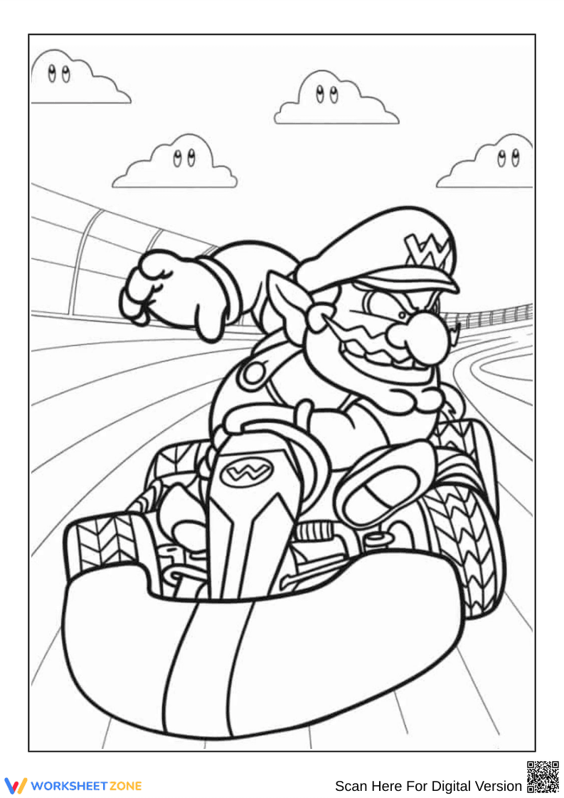 Wario Kart Racing Action Coloring Page - Page 1