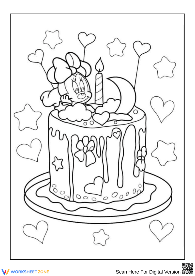 Minnie Mouse Birthday Cake Coloring Page - Page 1