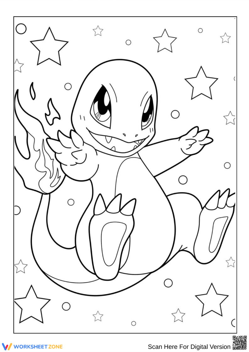 Flying Charmander Coloring Page with Stars - Page 1